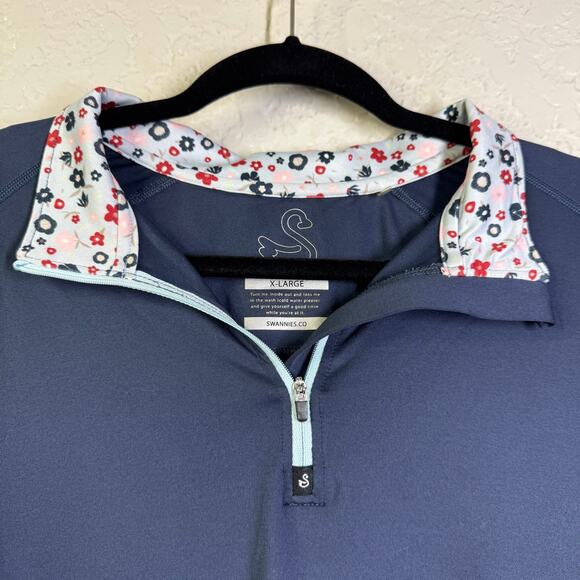 SWANNIES Pullover XL Leo Floral Contrast Quarter Zip Golf Navy Stand Collar - Picture 6 of 15